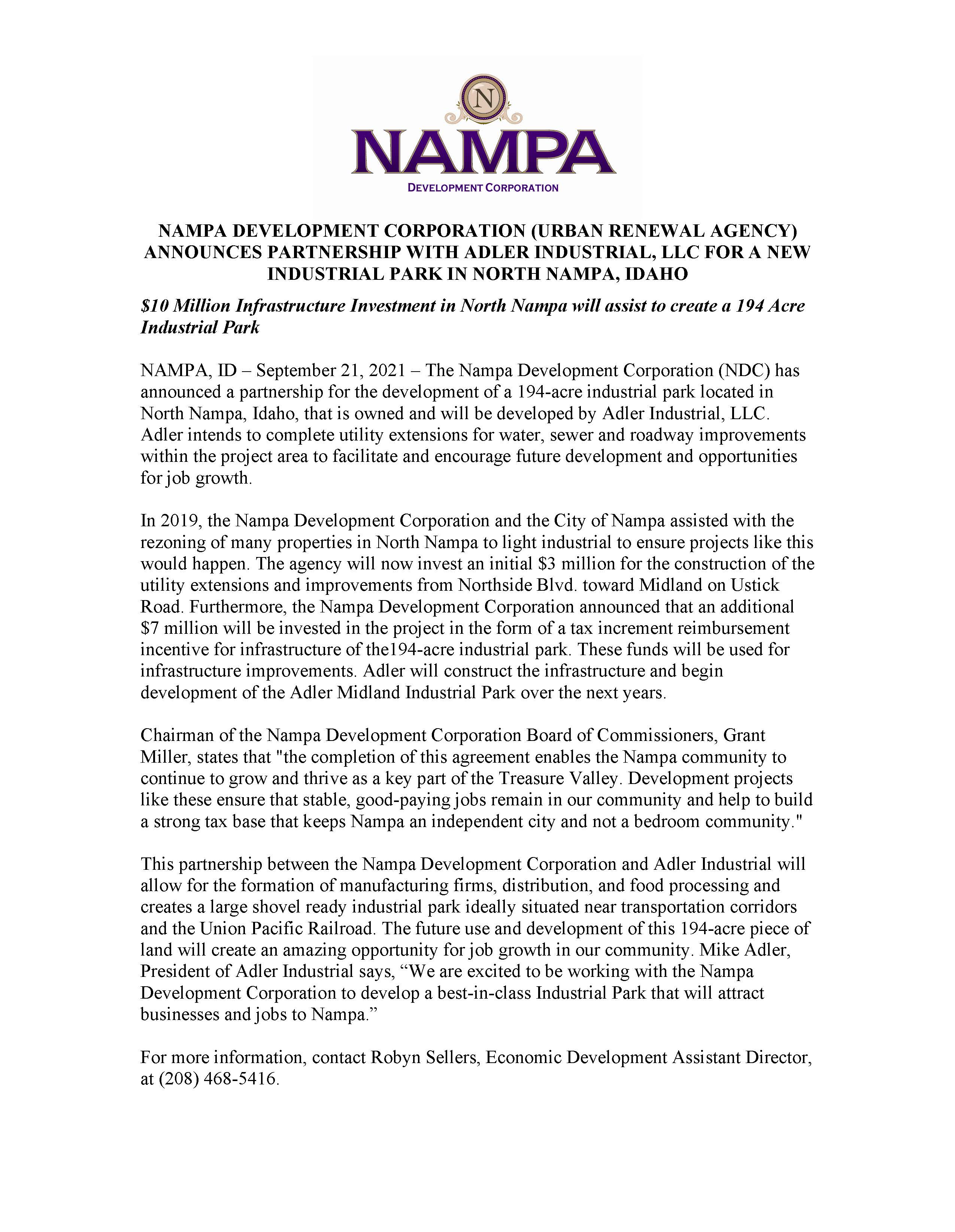 Nampa Development Corp Partners With Adler Industrial